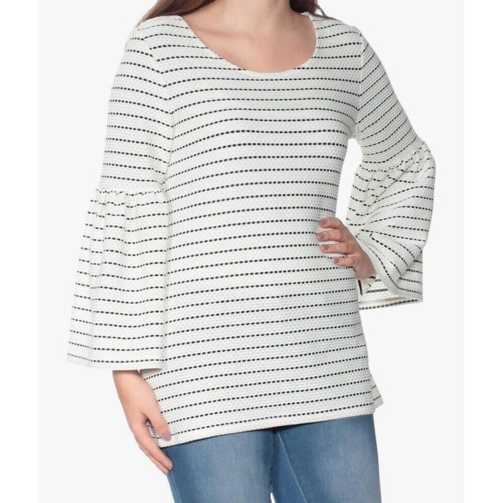 Calvin Klein Women's Top Size M Ivory Striped Round Neck Long Bell Sleeve - Picture 2 of 8
